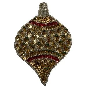Vintage Sequined Beaded Christmas Tear Drop Ornament Hand Made Stocking Garments